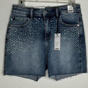 Judy Blue Jean Shorts Womens Medium Blue Denim High Waist Studded Fringed Hem